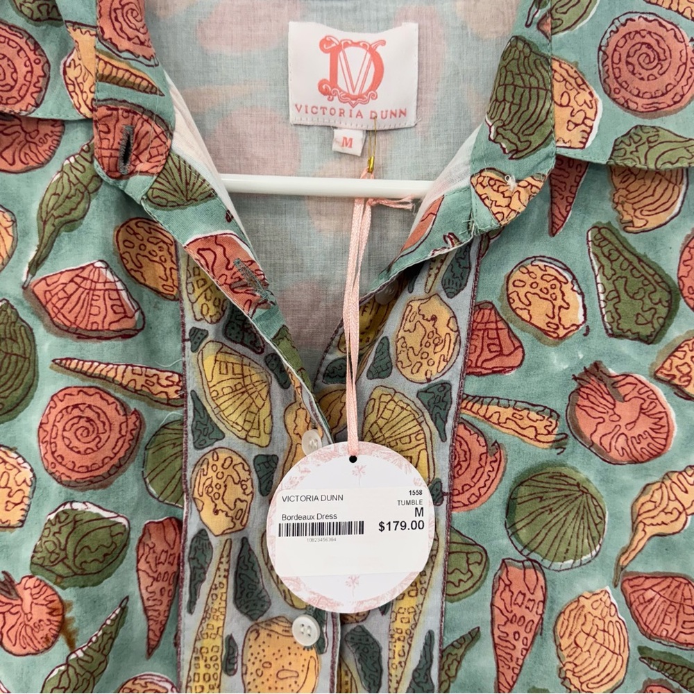 Victoria Dunn Sea Shell Print Button-Front Dress in Mint, Coral, Yellow